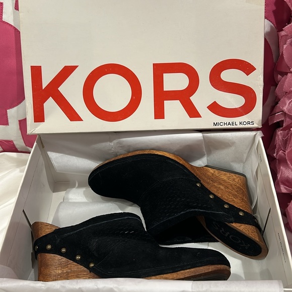 Black Suede Mules With Brass Hardware and Wooden Wedge-sz 9 - Picture 1 of 9